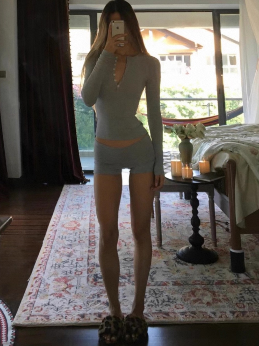 Gray Ribbed Knit Two-Piece Loungewear Set